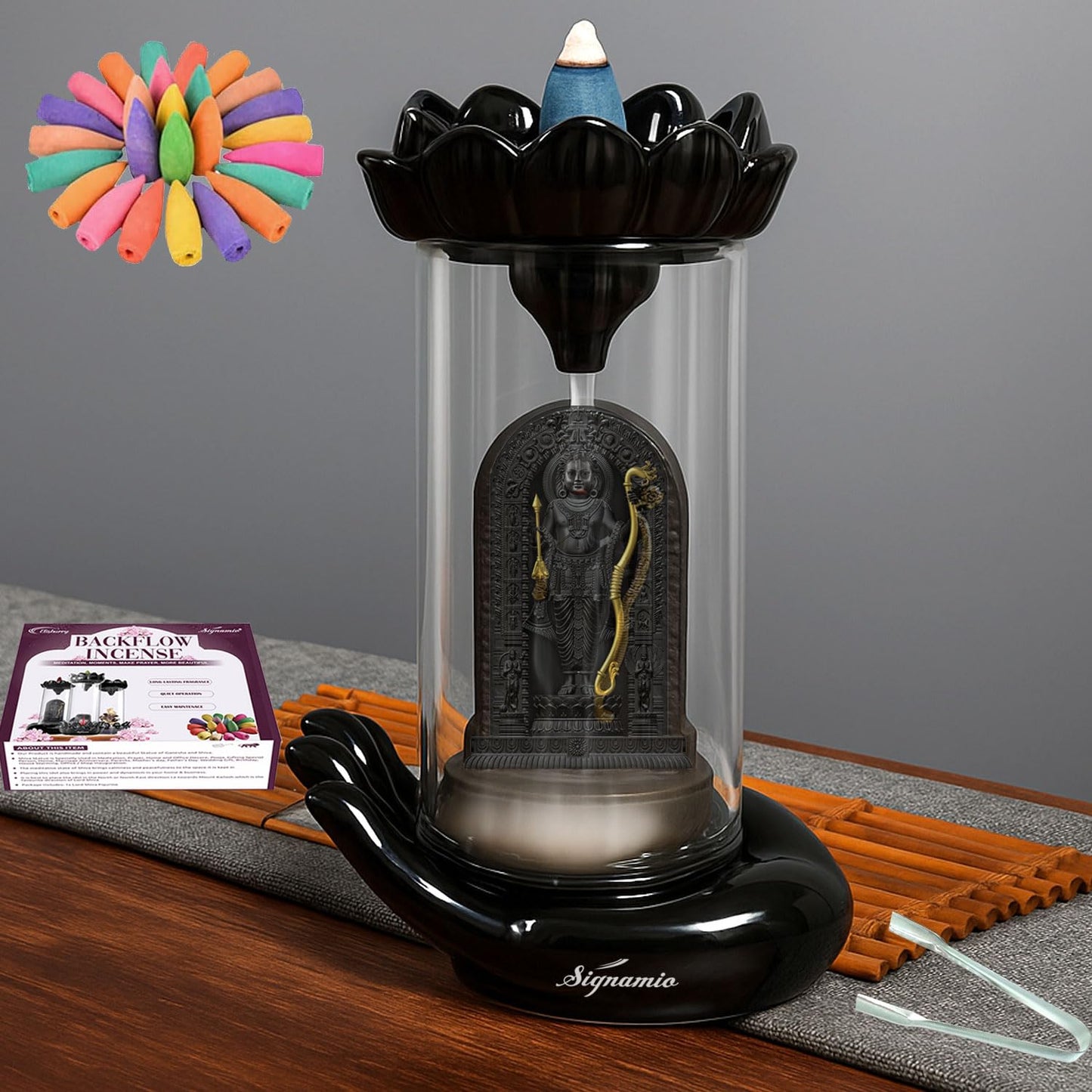 SIGNAMIO Ceramic Buddha Idols For Home Decor Backflow Smoke Fountain - Elegant Buddha Statue Design, Ideal Buddha Idol For Tranquil Ambiance In Your Home Or Office With 30 Cone, Black