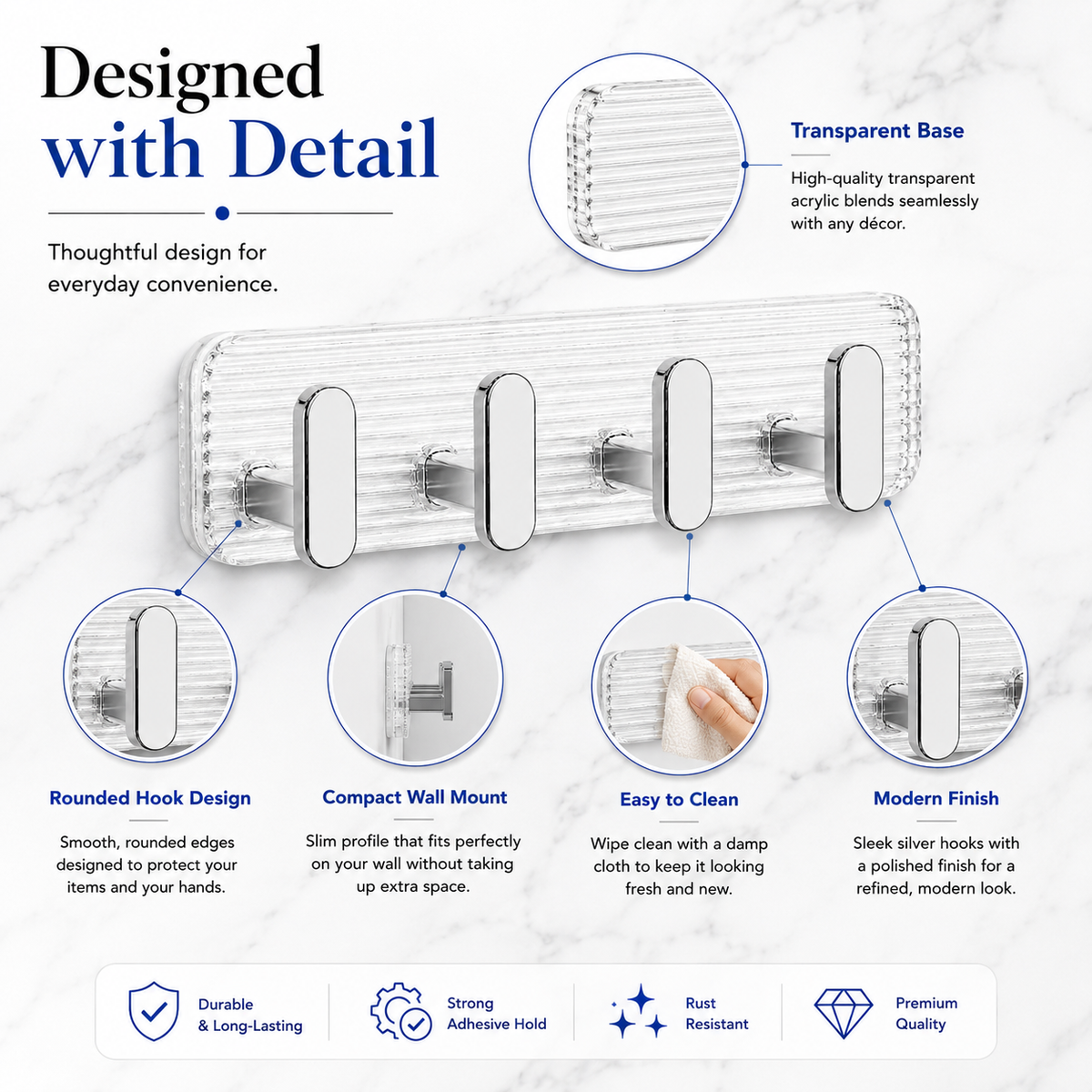 SIGNAMIO 8 Hook Shelf Adhesive Strip Wall Hanging Sticky Hook Silver
