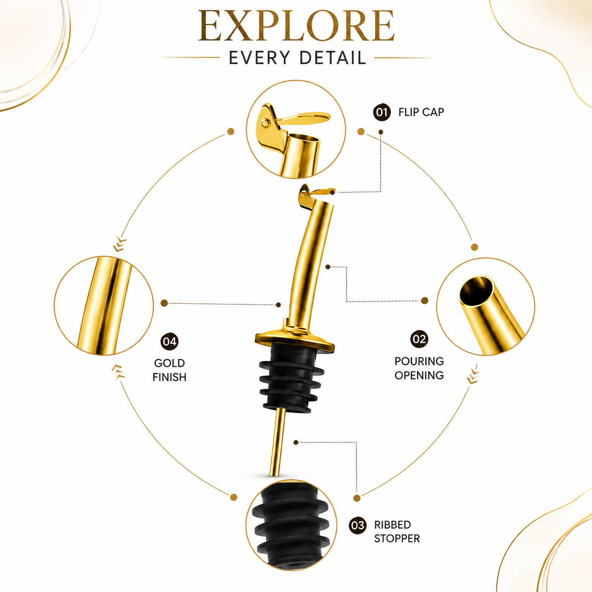 SIGNAMIO Wine Oil Pourer Dispenser Set, Golden Stainless Steel, 4 PCS