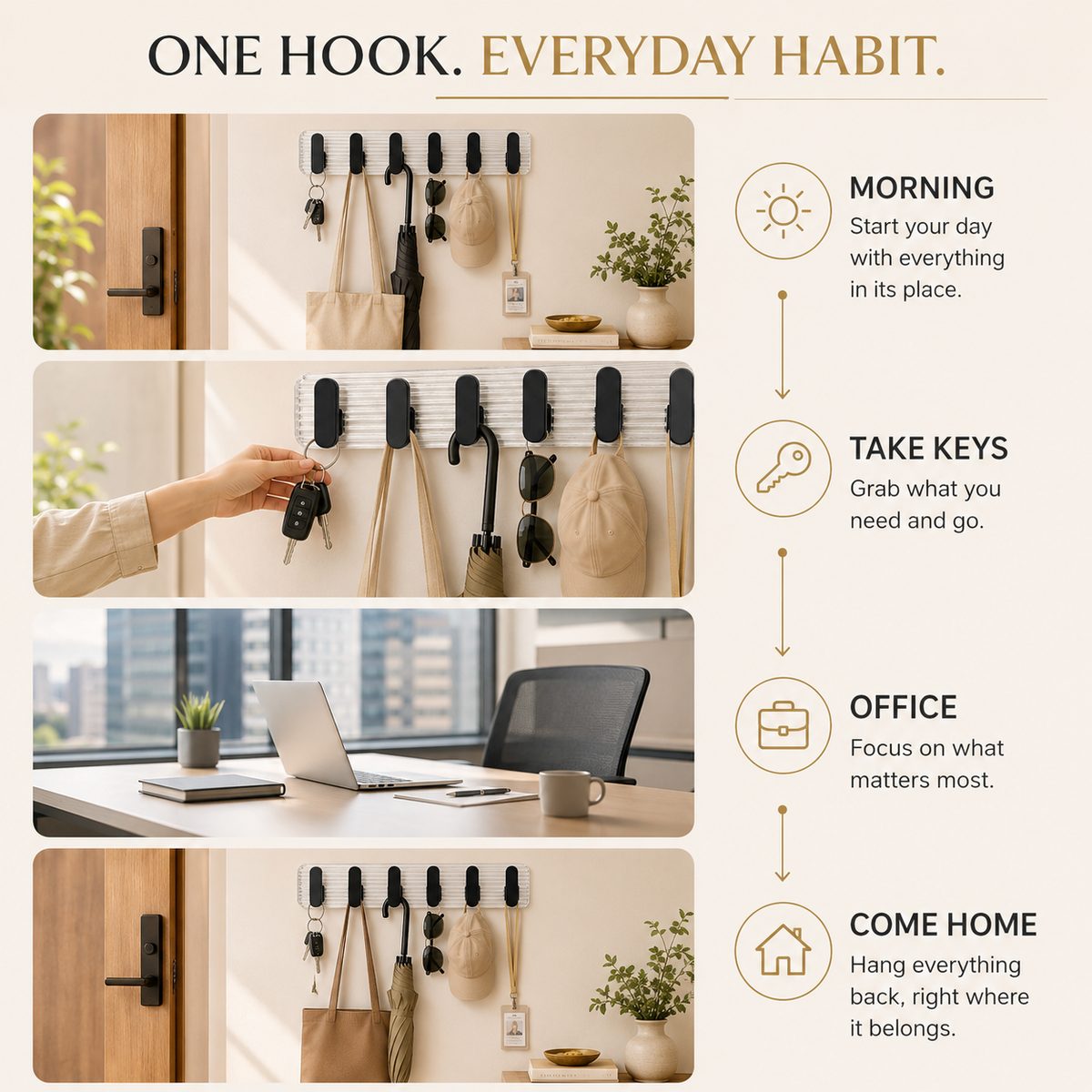 SIGNAMIO 6 Hook Shelf Adhesive Strip Wall Hanging Sticky Hook Black