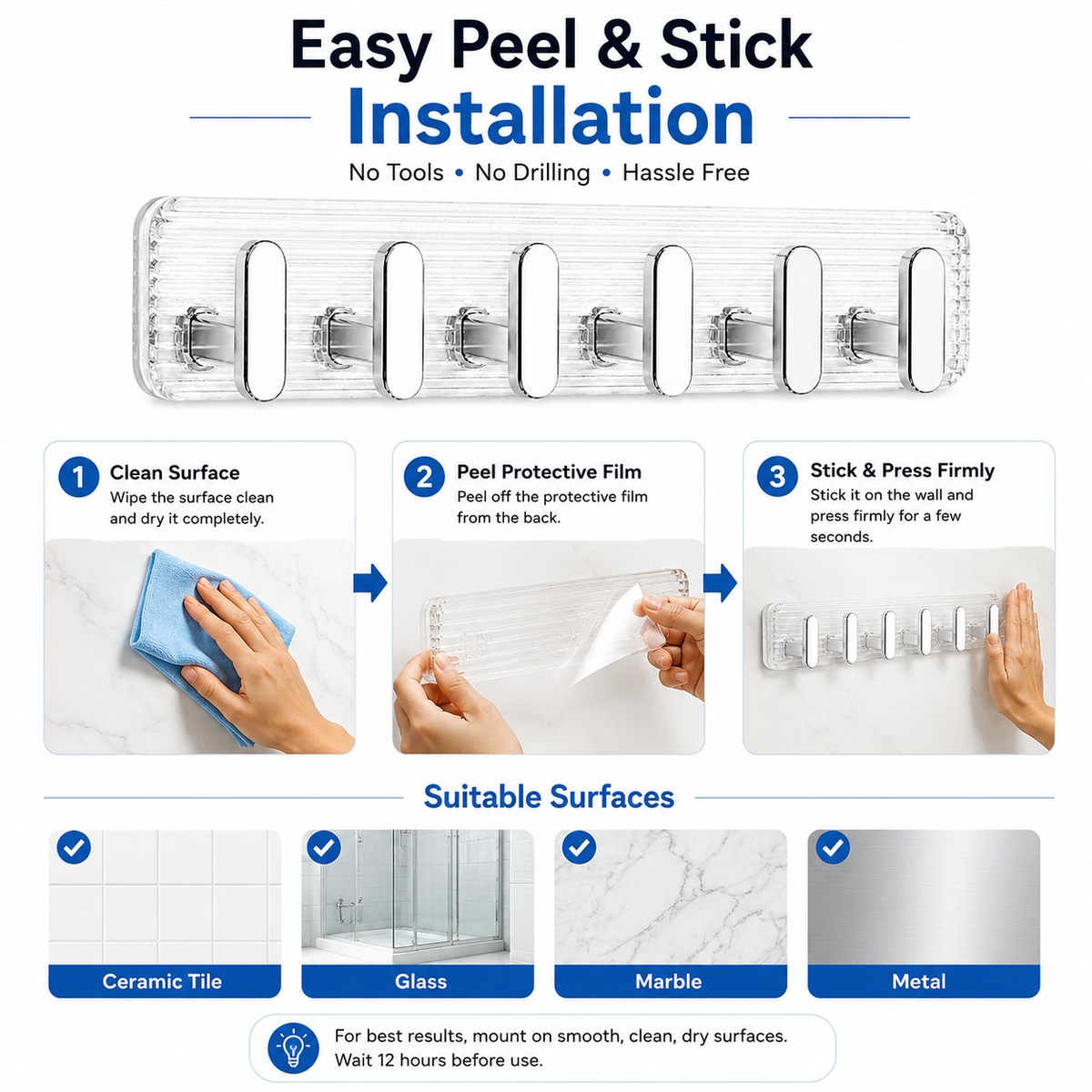 SIGNAMIO 6 Hook Shelf Adhesive Strip Wall Hanging Sticky Hook Silver