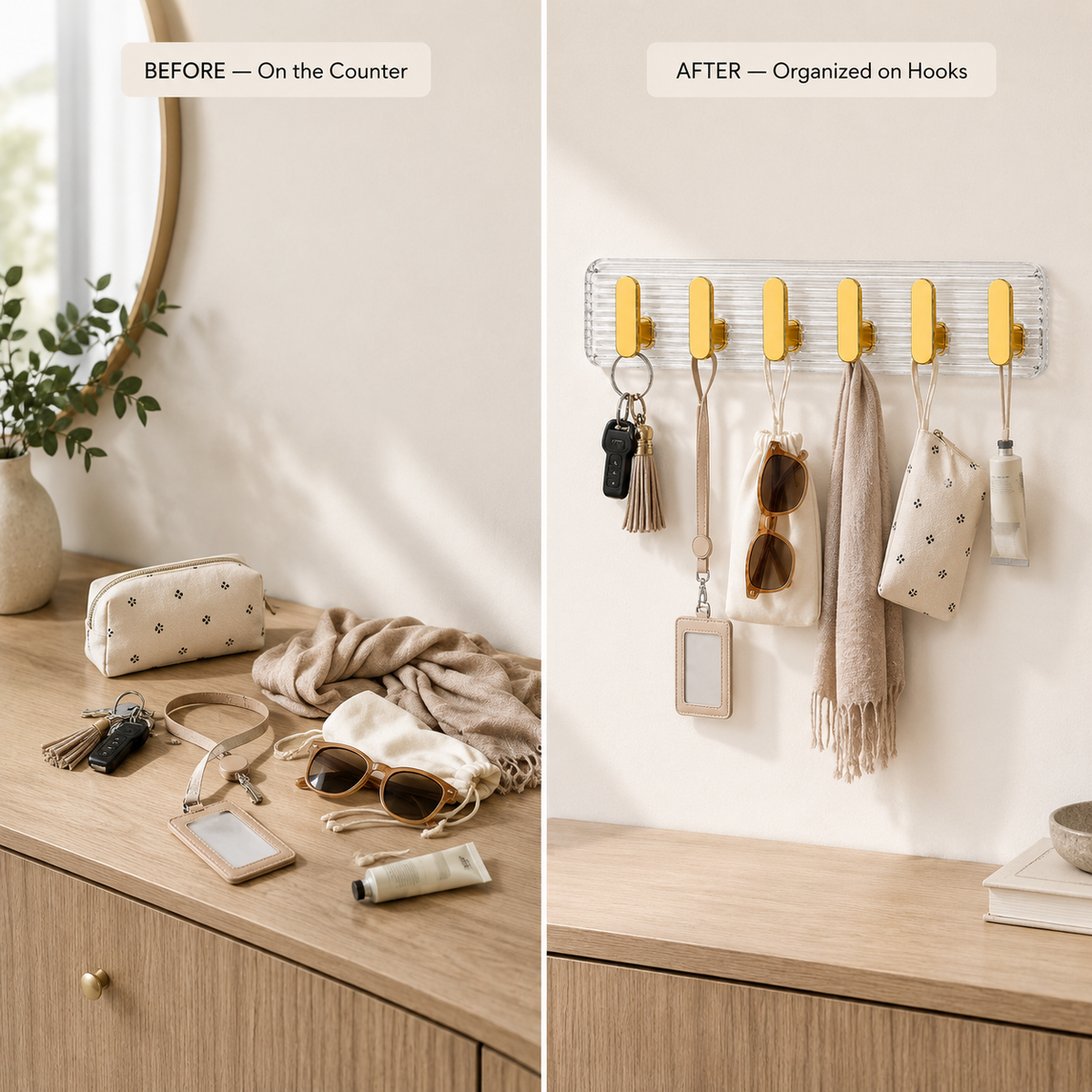 SIGNAMIO 6 Hook Shelf Adhesive Strip Wall Hanging Sticky Hook Gold