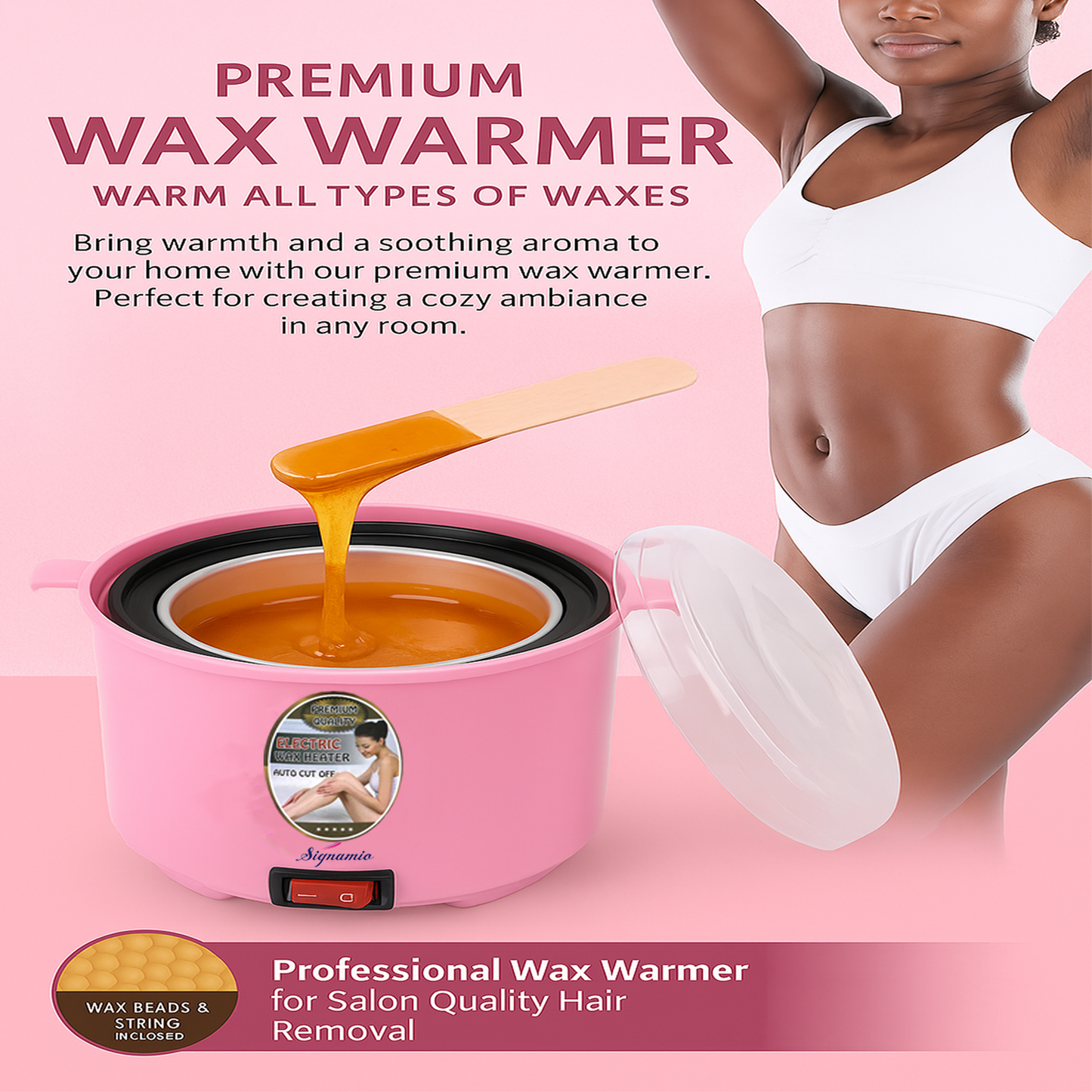 Signamio Wax Heater for Waxing for Women - Professional Wax Machine - Fast Melting Electric Hair Removal Kit for Smooth Skin at Home or Salon - Pink