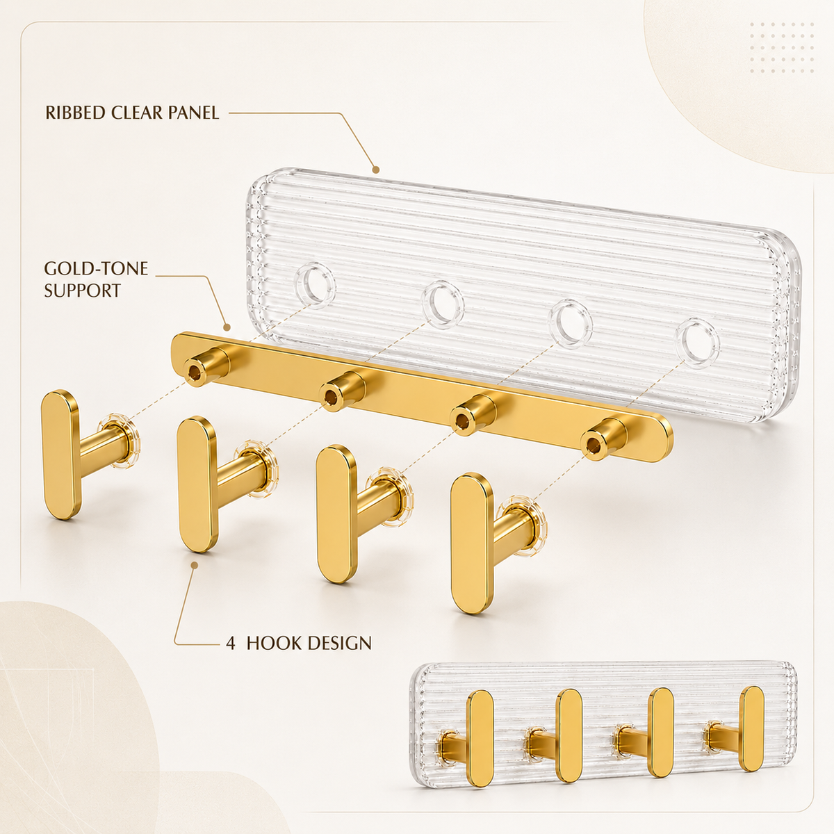 SIGNAMIO 8 Hook Shelf Adhesive Strip Wall Hanging Sticky Hook Gold