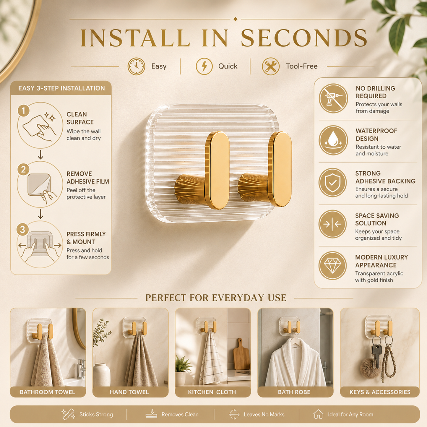 SIGNAMIO 8 Hook Self Adhesive Wall Hooks for Wall Heavy Items, Adhesive Wall Hook, Wall Hooks for Hanging Clothes, Kitchen & Bathroom Accessories, Stick On Hooks for Wall Without Drill -Gold
