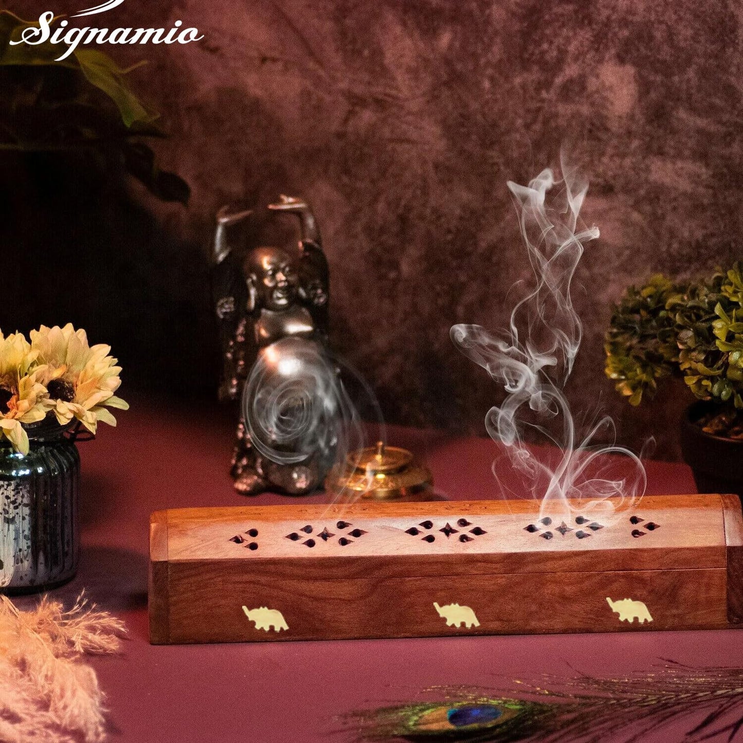 SIGNAMIO® 2pcs Wooden Horizontal Agarbatti and Dhoop Holder Premium Incense Stick Stand with Ash Catcher for Pooja Room - Essential Puja Items for Home & Agarbatti Stand Holder with Storage Box