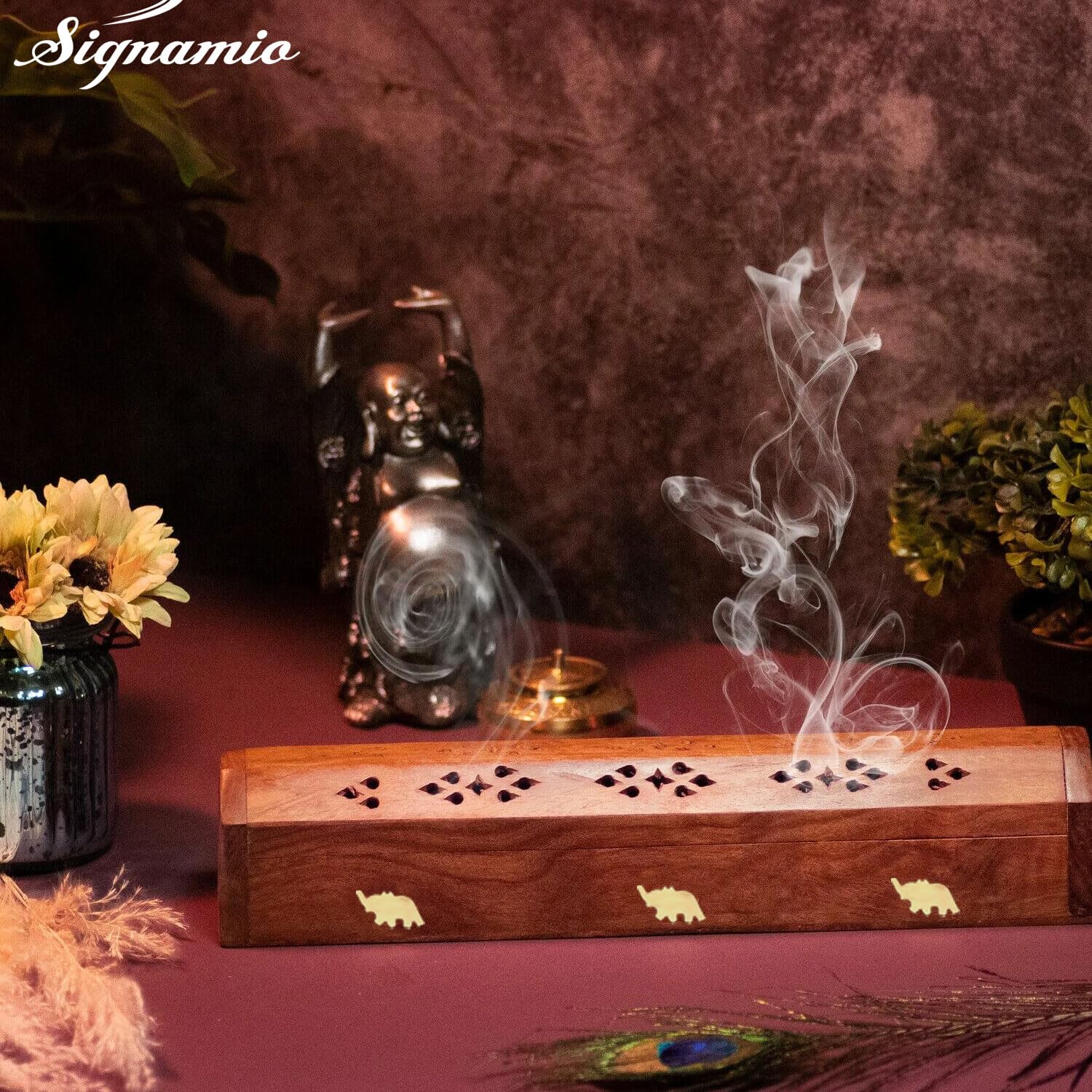 SIGNAMIO® 2pcs Wooden Horizontal Mini Agarbatti and Dhoop Holder Premium Incense Stick Stand with Ash Catcher for Pooja - Essential Puja Items for Home Mandir & Agarbatti Stand Holder with Storage Box