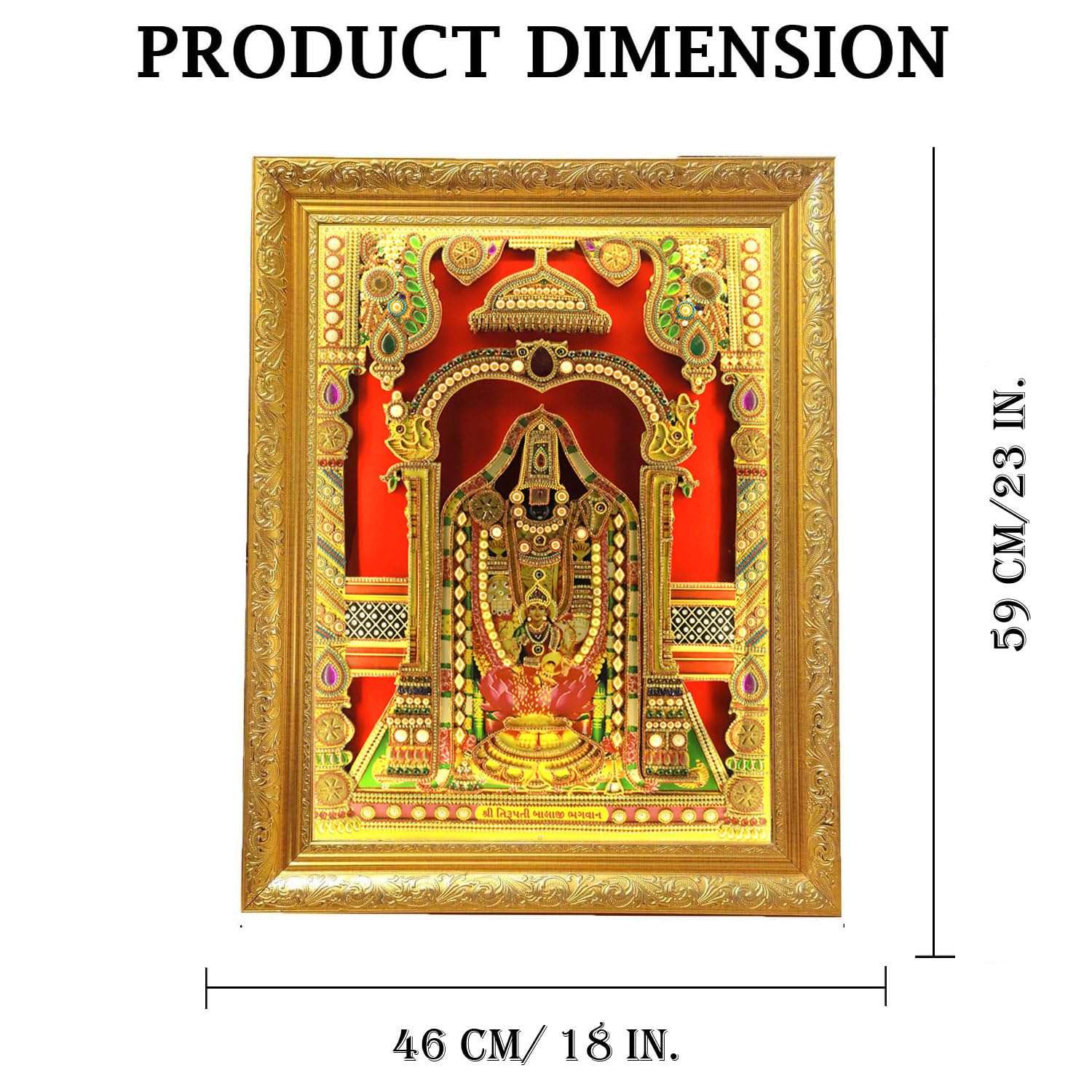 SIGNAMIO® Designer Handmade Stone Moti Work with Gold led Light Sculpture of 3D Tirupati Balaji wall Hanging Photo Frame with for Puja Room,Home,Office,wall decoration-1pcs (23X18 Inch)