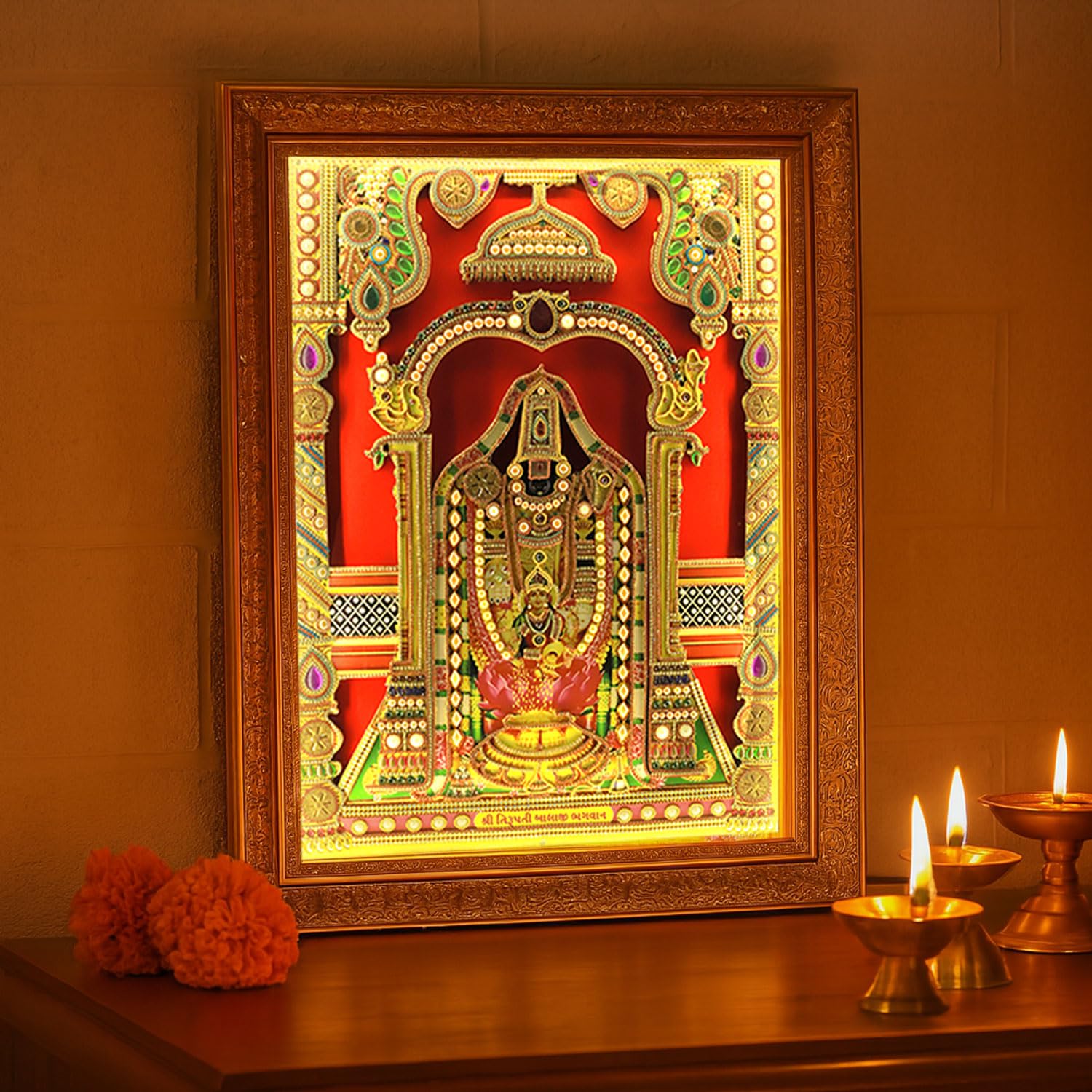 SIGNAMIO® Designer Handmade Stone Moti Work with Gold led Light Sculpture of 3D Tirupati Balaji wall Hanging Photo Frame with for Puja Room,Home,Office,wall decoration-1pcs (23X18 Inch)