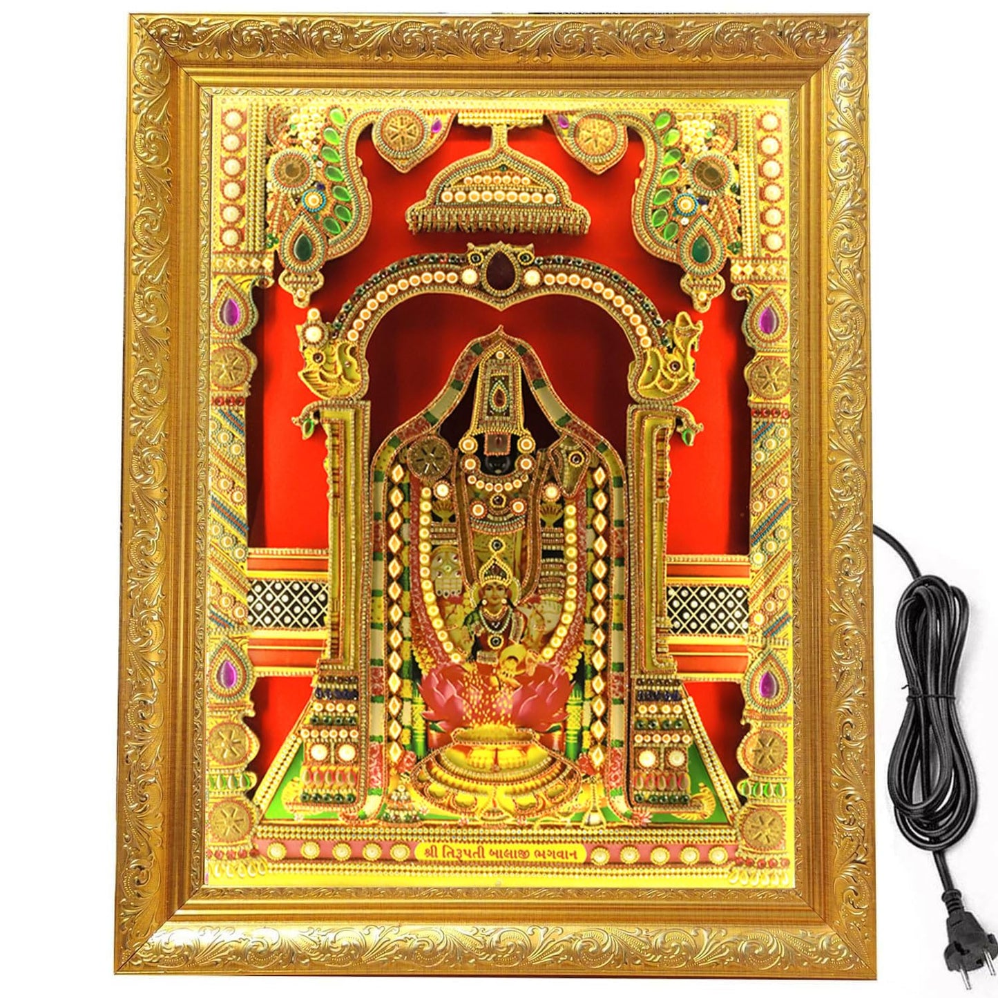 SIGNAMIO® Designer Handmade Stone Moti Work with Gold led Light Sculpture of 3D Lord Bal Krishna wall Hanging Photo Frame with for Puja Room,Home,Office,wall decoration-1pcs (23x18 Inch)