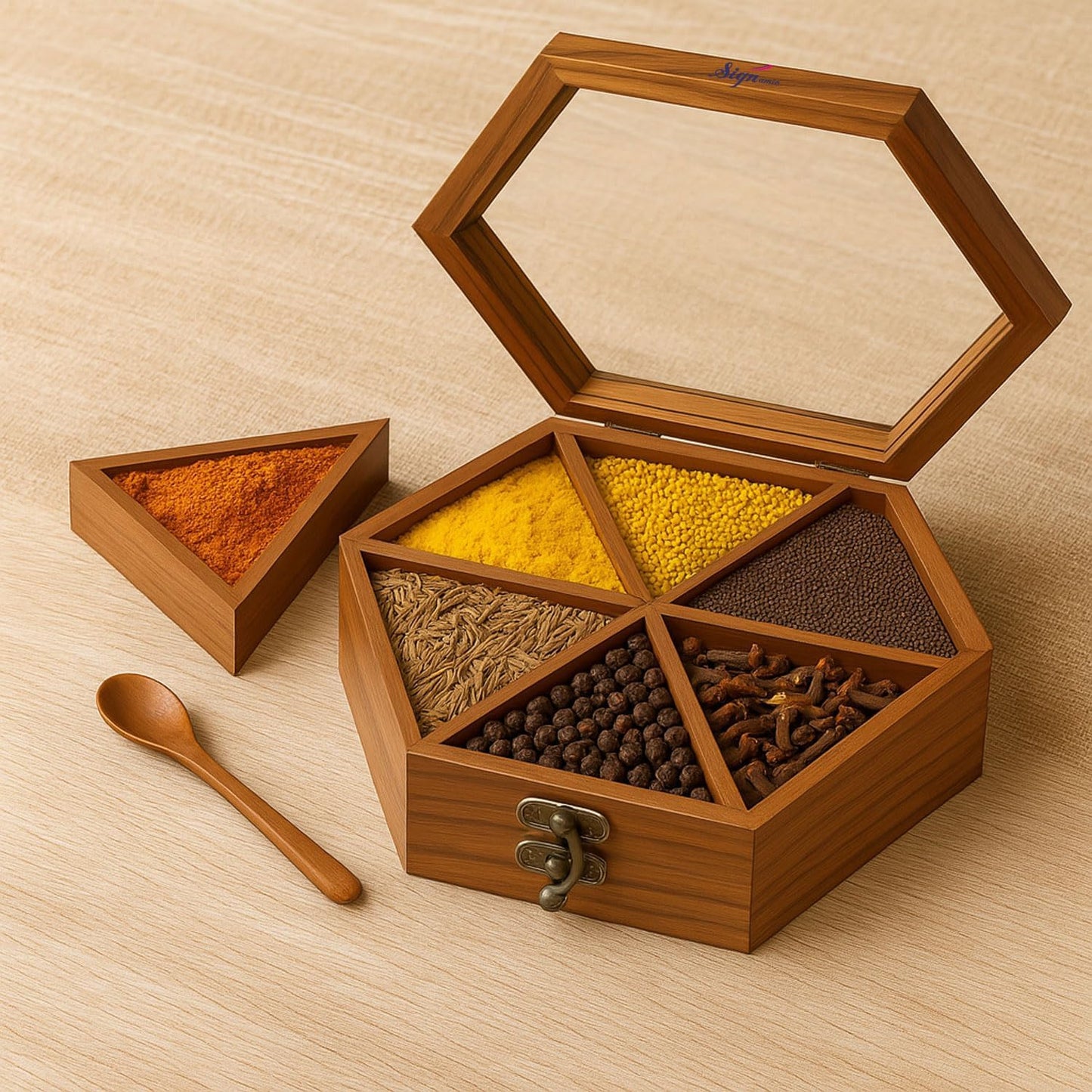 SIGNAMIO® Square Wooden Spice Box with Detachable Containers and Spoon, Transparent Glass Masala dani for Kitchen Storage, Anjarai Petti Style Organizer, Perfect Wooden Masala Box for Kitchen Use
