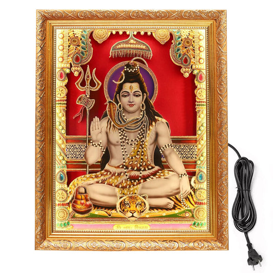 SIGNAMIO® Designer Handmade Stone Moti Work with Gold led Light Sculpture of 3D Lord Shiva Mahadev Shankar wall Hanging Photo Frame with for Puja Room,Home,Office,wall decoration-1pcs (14x11 Inch)