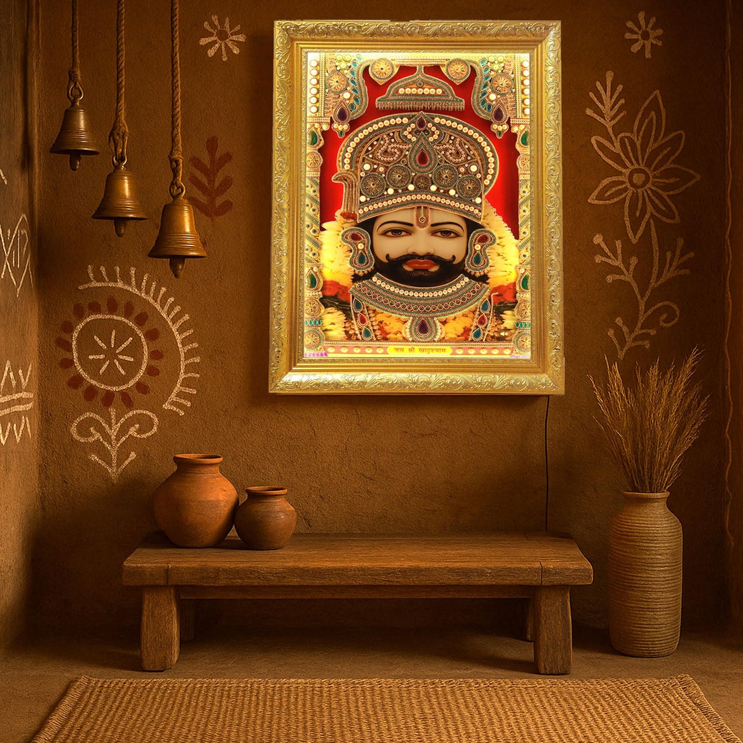 SIGNAMIO® Designer Handmade Stone Moti Work with Gold led Light Sculpture of 3D Khatu Shyam Wall Hanging Photo Frame with for Puja Room,Home,Office,Wall decoration-1pcs (14X11 Inch)