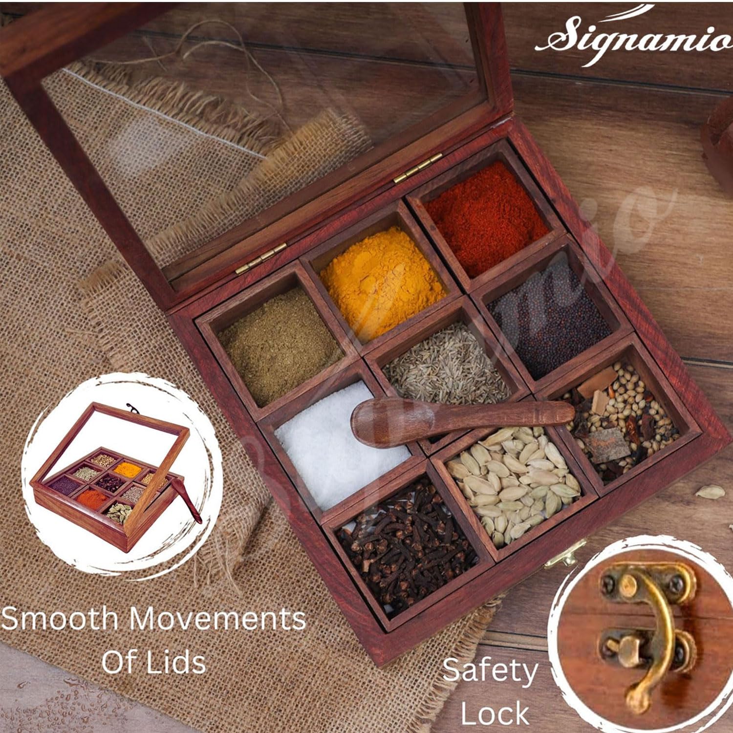 SIGNAMIO® Square Wooden Spice Box with Detachable Containers and Spoon, Transparent Glass Masala dani for Kitchen Storage, Anjarai Petti Style Organizer, Perfect Wooden Masala Box for Kitchen Use