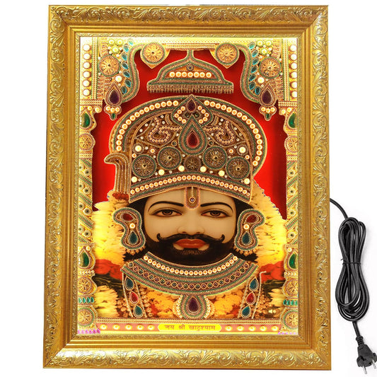 SIGNAMIO® Designer Handmade Stone Moti Work with Gold led Light Sculpture of 3D Khatu Shyam wall Hanging Photo Frame with for Puja Room,Home,Office,wall decoration-1pcs (23X18 Inch)