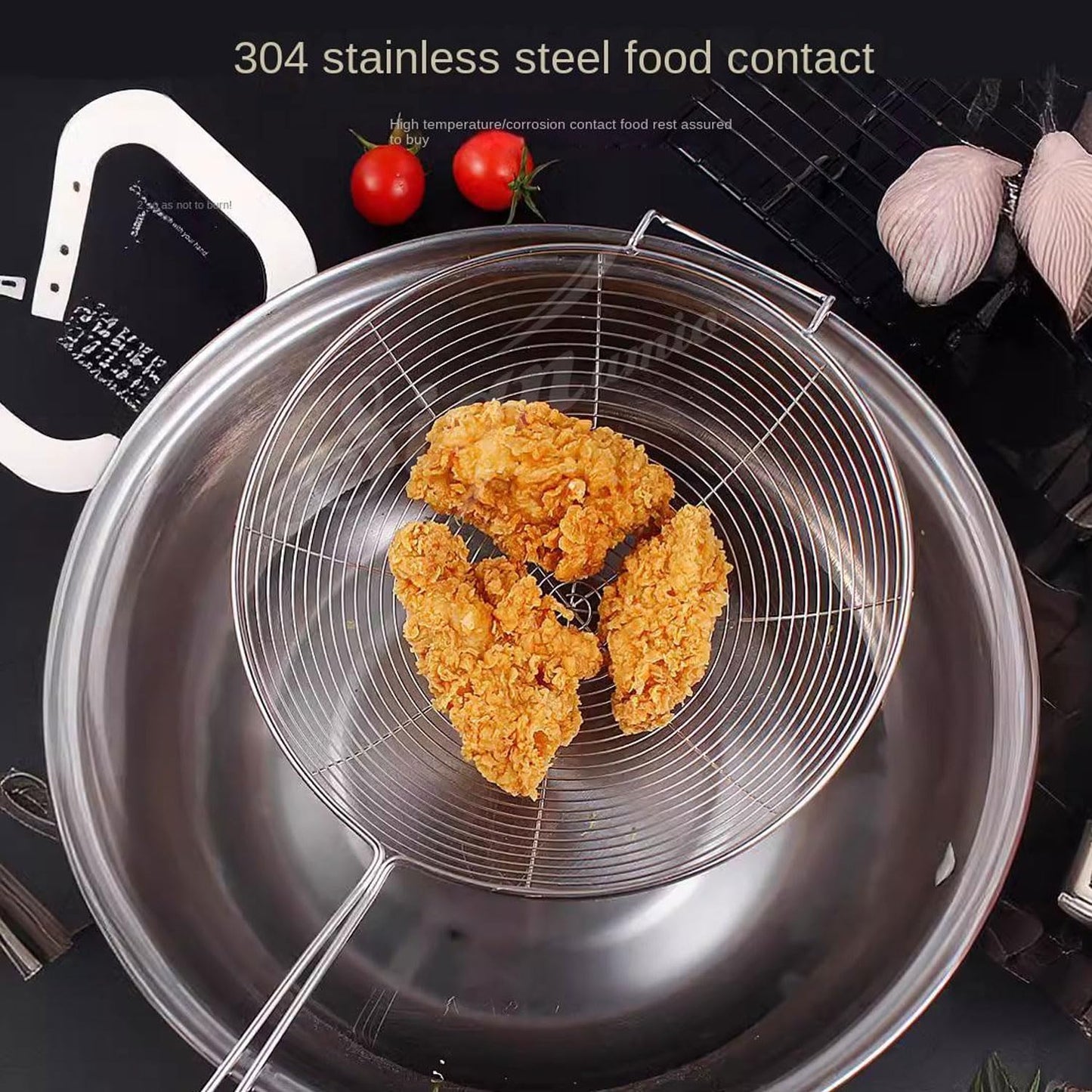Signamio Diameter 20 cm Basket Shape Stainless Steel Deep Fry Net Spoon Oil Strainer for Kitchen - Frying Spoon for Puri & Poori Strainer Kitchen Utensil for Frying, Cooking & Straining Tool Steel