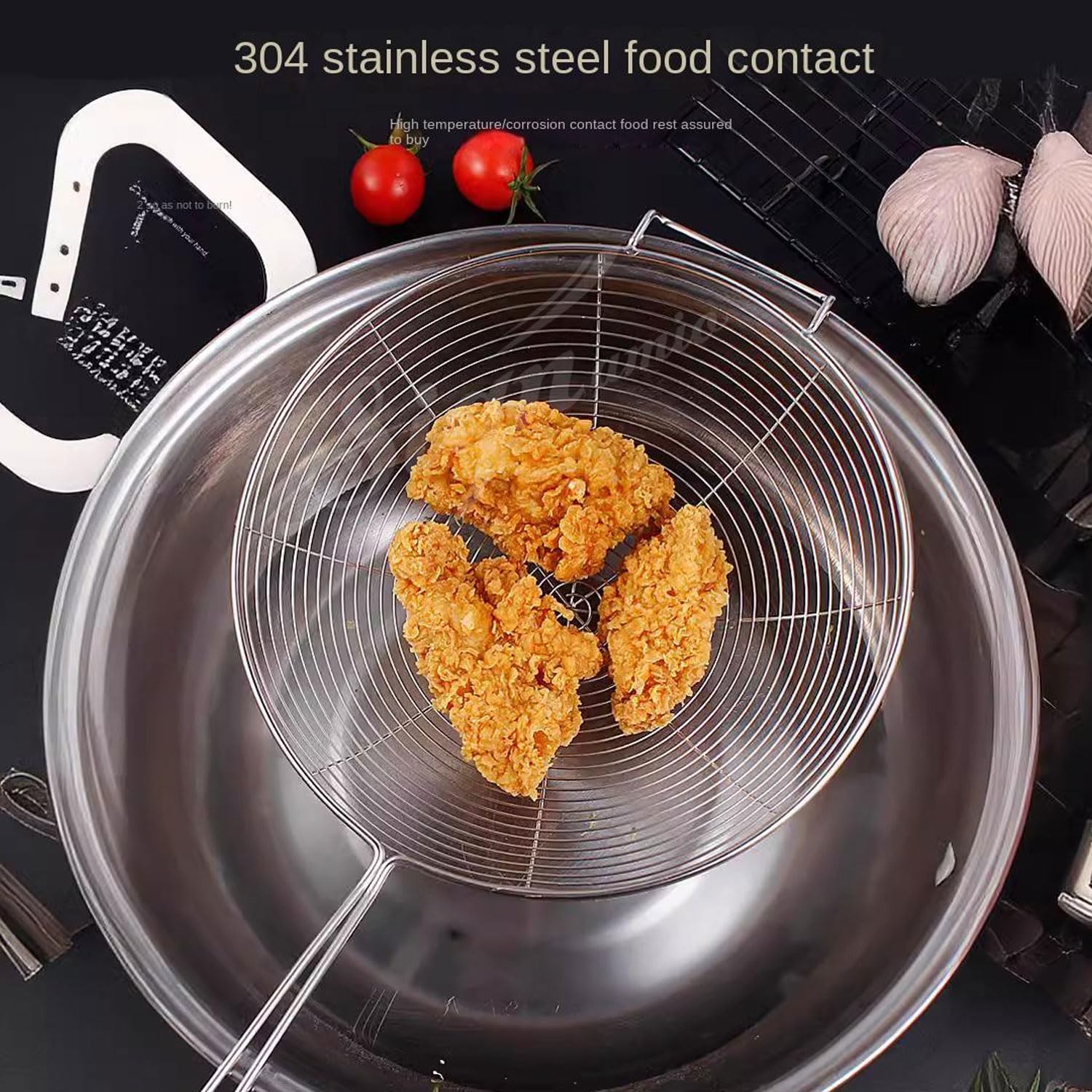 Signamio Diameter 16 cm Basket Shape Stainless Steel Deep Fry Net Spoon Oil Strainer for Kitchen - Frying Spoon for Puri & Poori Strainer Kitchen Utensil for Frying, Cooking & Straining Tool Steel