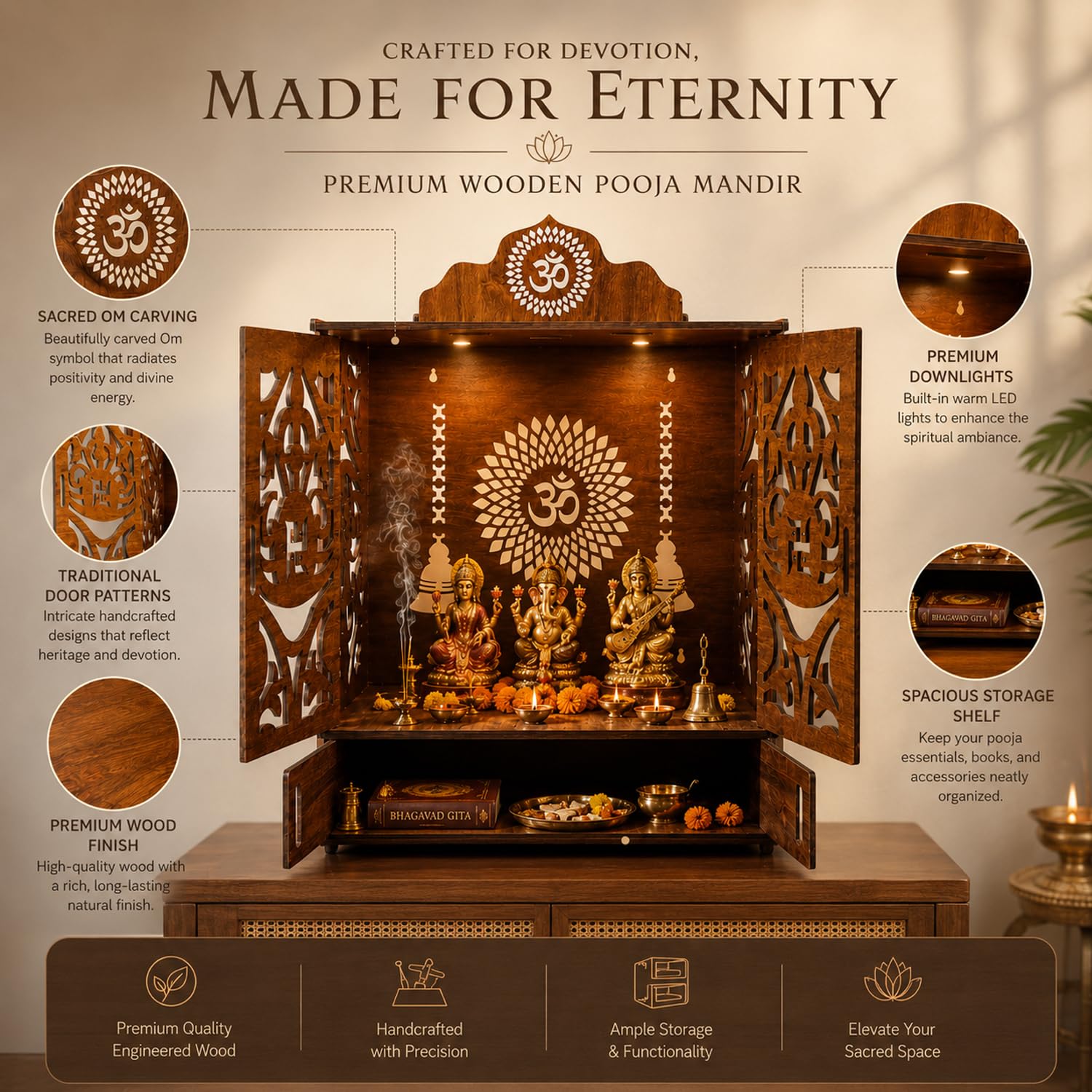 SIGNAMIO Mandir for Home with Door & LED Light | Wooden MDF Pooja Temple | Temple for Home with Door | Wall Mounted Hanging Home Temple with Storage Drawer