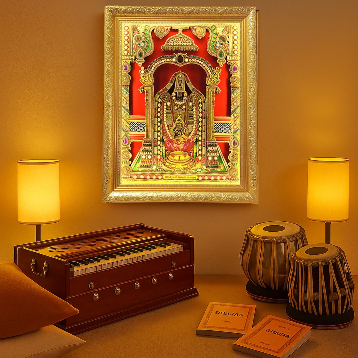 SIGNAMIO® Designer Handmade Stone Moti Work with Gold led Light Sculpture of 3D Tirupati Balaji wall Hanging Photo Frame with for Puja Room,Home,Office,wall decoration-1pcs (23X18 Inch)