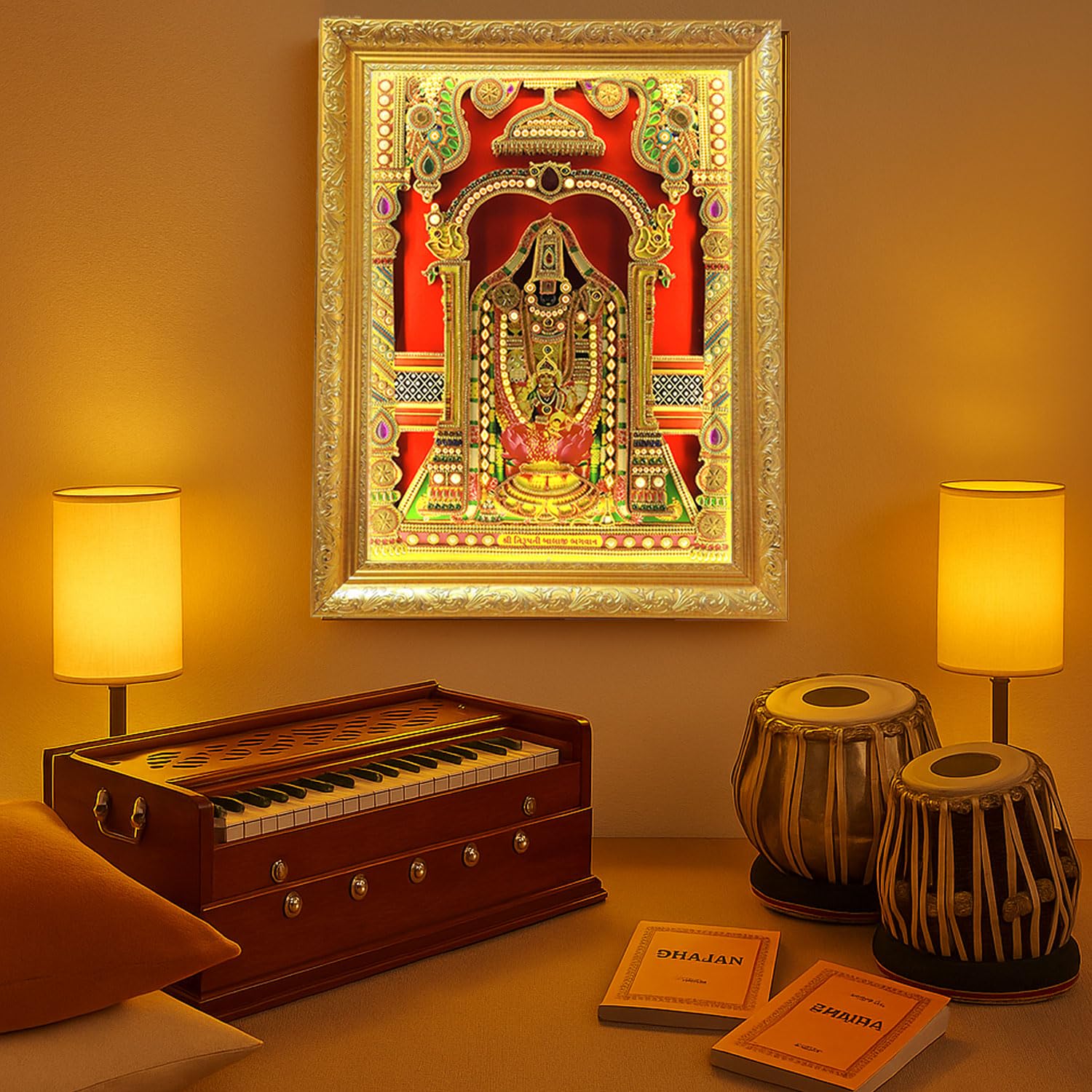 SIGNAMIO® Designer Handmade Stone Moti Work with Gold led Light Sculpture of 3D Tirupati Balaji wall Hanging Photo Frame with for Puja Room,Home,Office,wall decoration-1pcs (14X11 Inch)