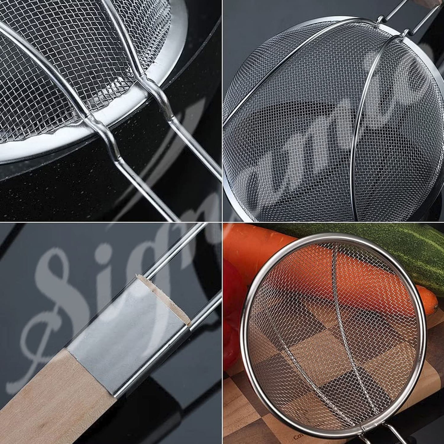 Signamio Diameter 20 cm Stainless Steel Deep Fry Net Spoon Oil Strainer for Kitchen - Frying Spoon for Puri & Poori Strainer Kitchen Utensil for Frying, Cooking & Straining Tool Wood Handle