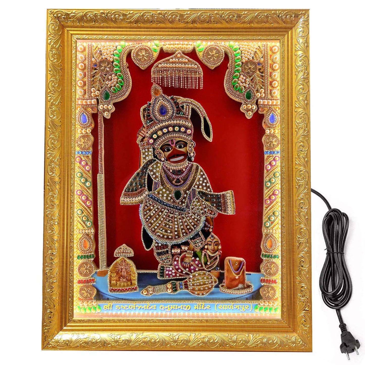 SIGNAMIO® Designer Handmade Stone Moti Work with Gold led Light Sculpture of 3D Lord Ram Darbar wall Hanging Photo Frame with for Puja Room,Home,Office,wall decoration-1pcs (14X11 Inch)