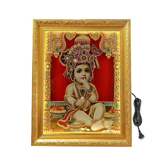 SIGNAMIO® Designer Handmade Stone Moti Work with Gold led Light Sculpture of 3D Lord Bal Krishna wall Hanging Photo Frame with for Puja Room,Home,Office,wall decoration-1pcs (14x11 Inch)
