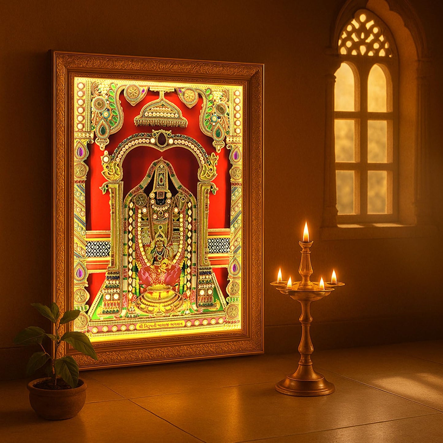 SIGNAMIO® Designer Handmade Stone Moti Work with Gold led Light Sculpture of 3D Tirupati Balaji wall Hanging Photo Frame with for Puja Room,Home,Office,wall decoration-1pcs (23X18 Inch)