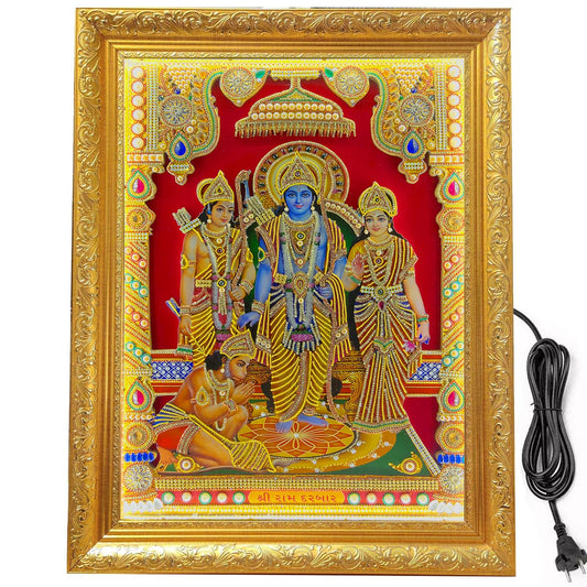 SIGNAMIO® Designer Handmade Stone Moti Work with Gold led Light Sculpture of 3D Lord Ram Darbar wall Hanging Photo Frame with for Puja Room,Home,Office,wall decoration-1pcs (23X18 Inch)