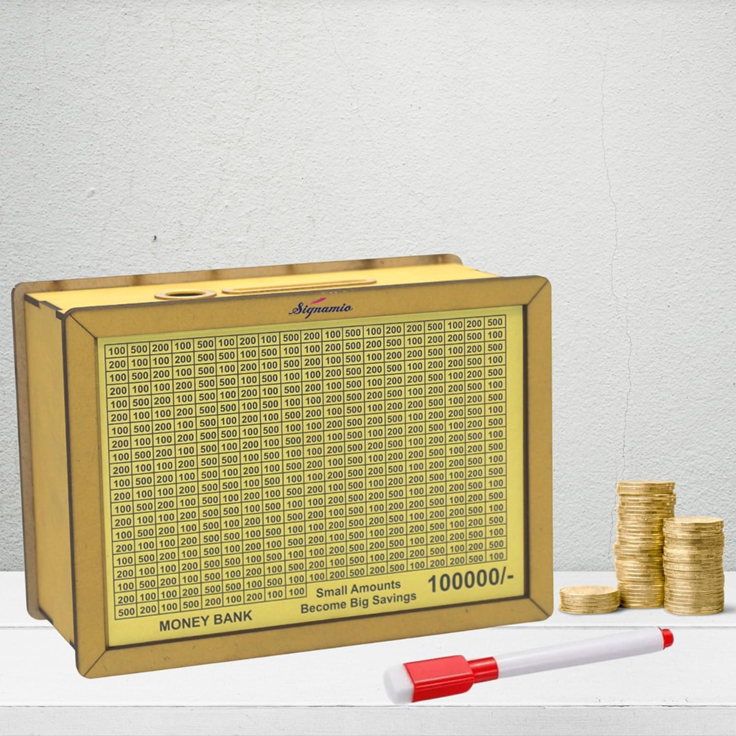 Signamio Money Saving Box for Adult 100000 - Wooden Piggy Bank 100000 with Marker Pen, Elegant Wooden Piggy Bank for Adults, Perfect Money Saving Solution and Financial Goal Achievement - Small Dn 2