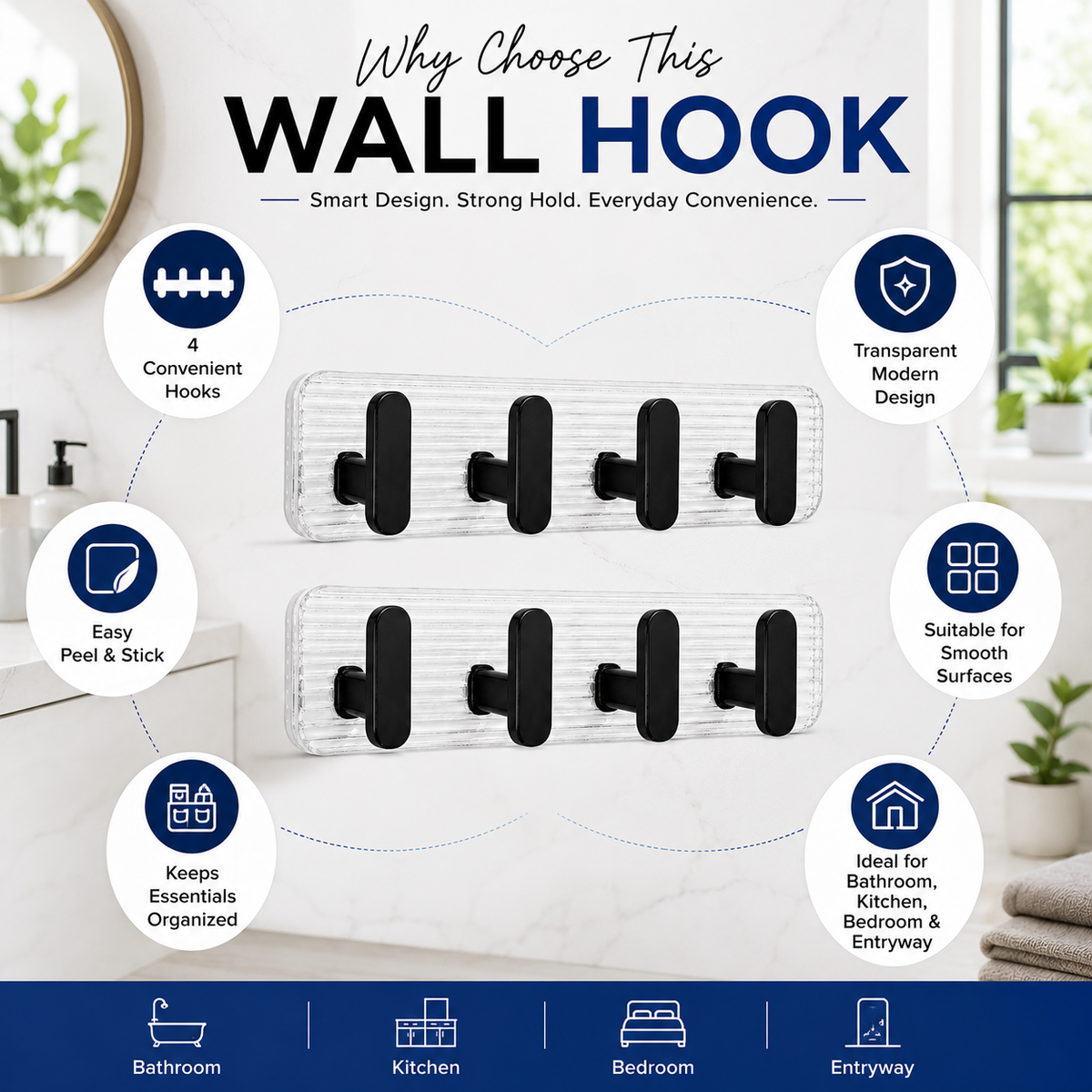 SIGNAMIO 8 Hook Shelf Adhesive Strip Wall Hanging Sticky Hook Black