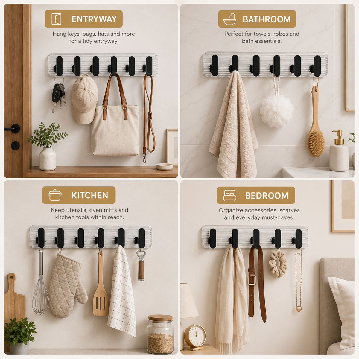 SIGNAMIO 6 Hook Shelf Adhesive Strip Wall Hanging Sticky Hook Black