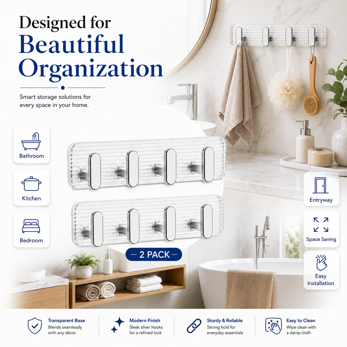 SIGNAMIO 8 Hook Shelf Adhesive Strip Wall Hanging Sticky Hook Silver