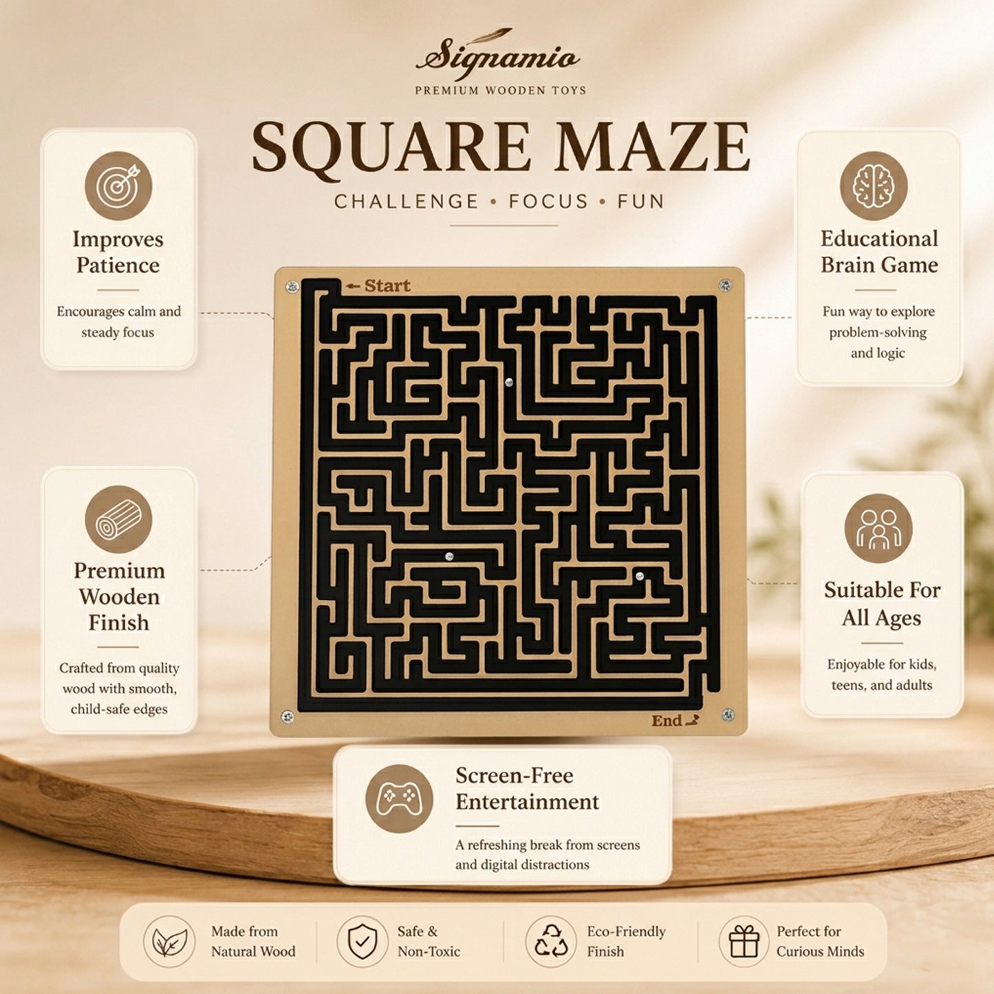 SIGNAMIO Indoor Wooden Puzzle Game Square Maze Ball - Engaging Mind Games for Kids & Adults, Perfect Brain Teaser & Time Pass Activity, Ideal Wooden Board Game for All Ages