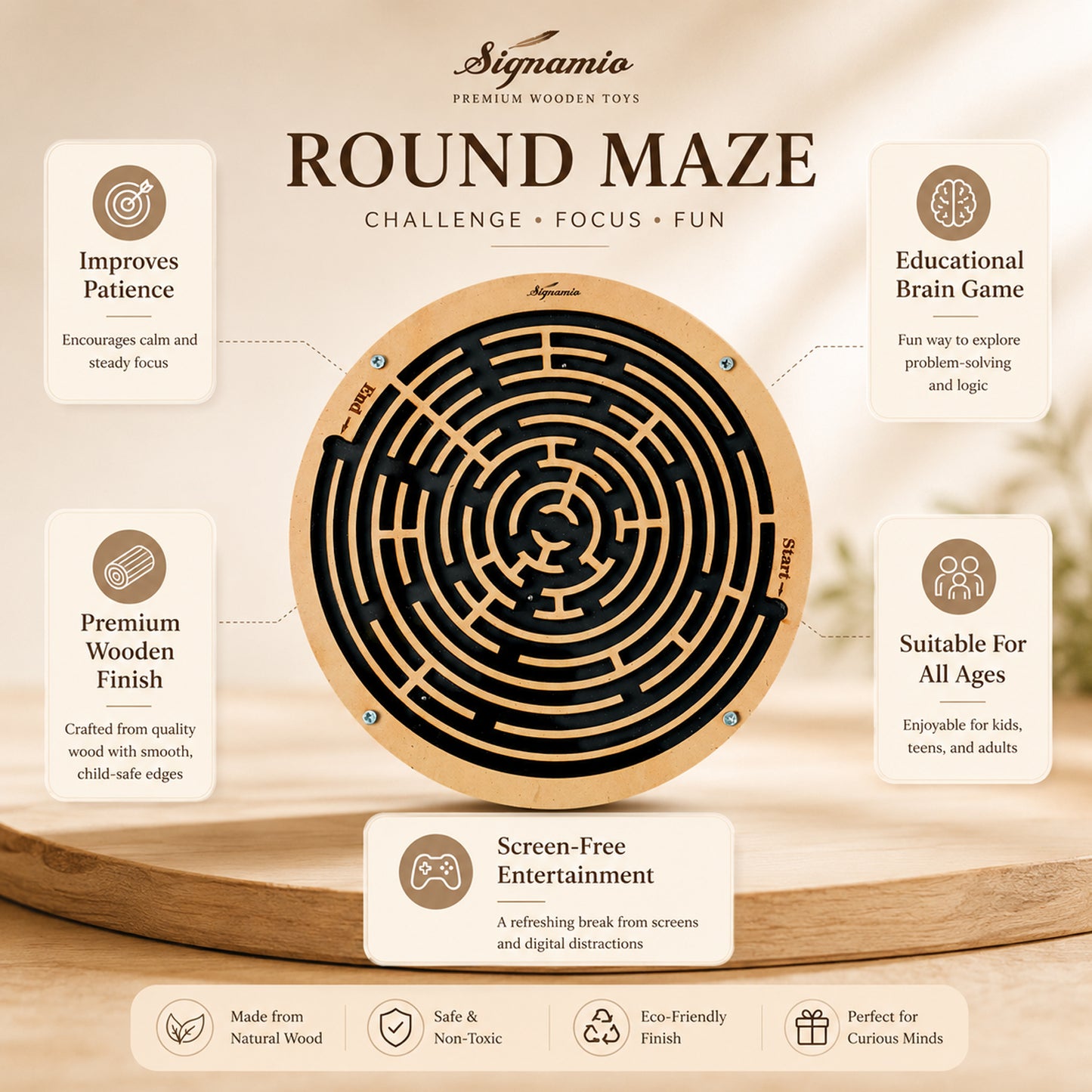 SIGNAMIO Indoor Wooden Puzzle Game Round Maze Ball - Engaging Mind Games for Kids & Adults, Perfect Brain Teaser & Time Pass Activity, Ideal Wooden Board Game for All Ages