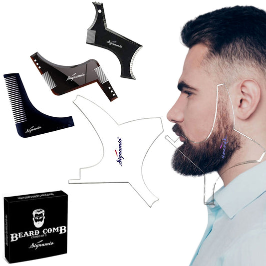 SIGNAMIO Set of 4 Multi Purpose Black/Transparent Beard Shaper tool for Men | Beard Shaping Stencil Comb for men styling shave for neck line guide - Grooming kit