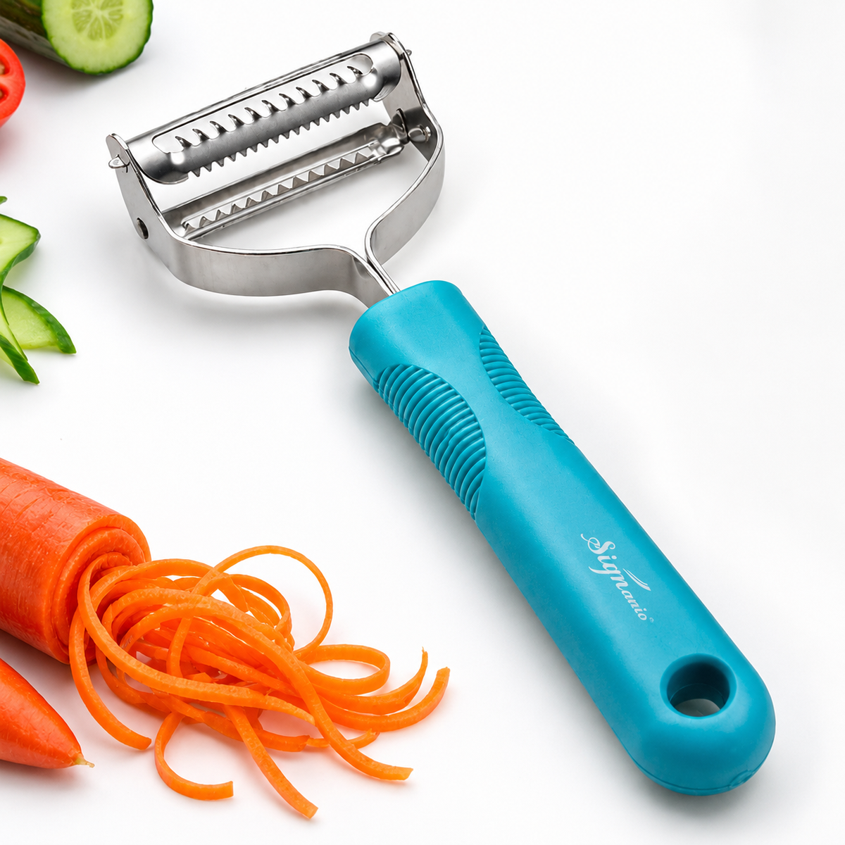 Signamio 2 in 1 Julian Peeler for Salad, Dual Blade Salad Peeler Kitchen Tool, Handheld Julienne Peeler for Salad for Quick Veggie Ribbons, Safe Grip Handle for Home Cooking Prep