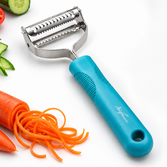 Signamio 2 in 1 Julian Peeler for Salad, Dual Blade Salad Peeler Kitchen Tool, Handheld Julienne Peeler for Salad for Quick Veggie Ribbons, Safe Grip Handle for Home Cooking Prep